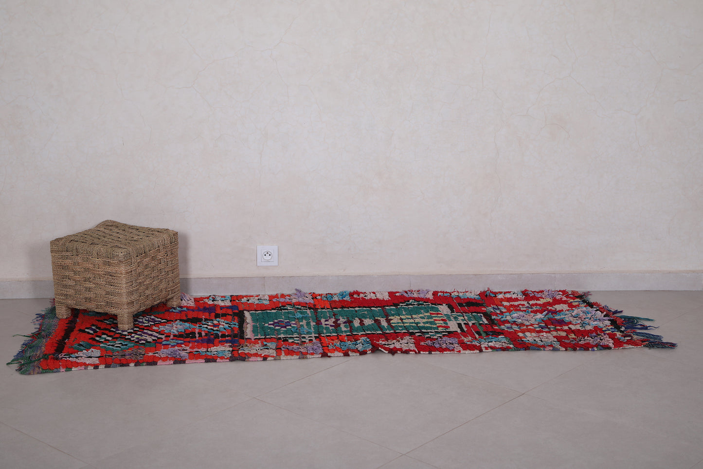 Red Moroccan Boucherouite rug 2.3 X 6.9 Feet