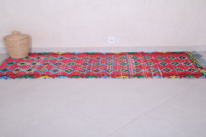 Long handmade Moroccan rug red 2.9 X 7.8 Feet