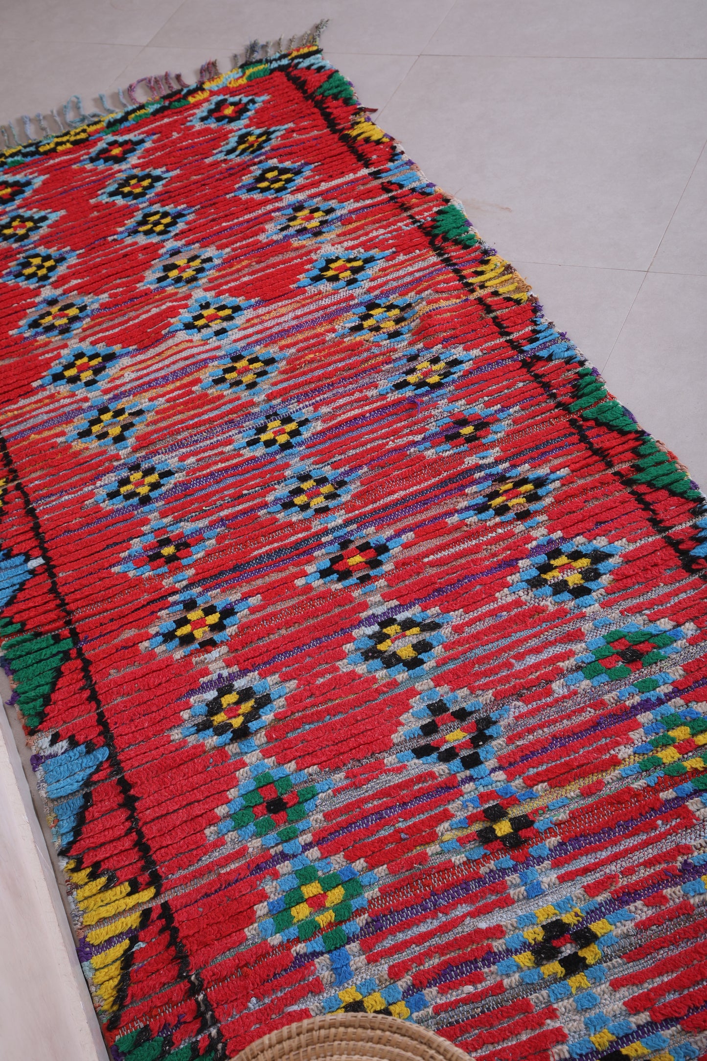 Long handmade Moroccan rug red 2.9 X 7.8 Feet