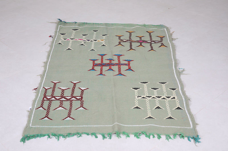 Small Green Kilim Rug 3.3 ft x 5 ft - Handwoven Moroccan Design - Handwoven Kilim