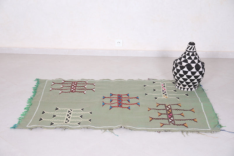Small Green Kilim Rug 3.3 ft x 5 ft - Handwoven Moroccan Design - Handwoven Kilim