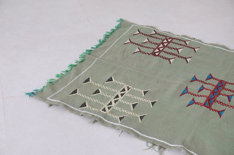 Small Green Kilim Rug 3.3 ft x 5 ft - Handwoven Moroccan Design - Handwoven Kilim