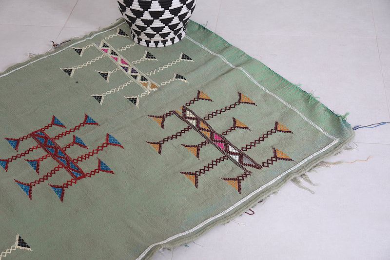 Small Green Kilim Rug 3.3 ft x 5 ft - Handwoven Moroccan Design - Handwoven Kilim