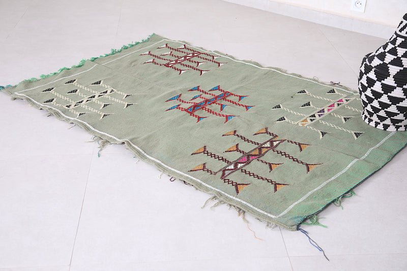 Small Green Kilim Rug 3.3 ft x 5 ft - Handwoven Moroccan Design - Handwoven Kilim