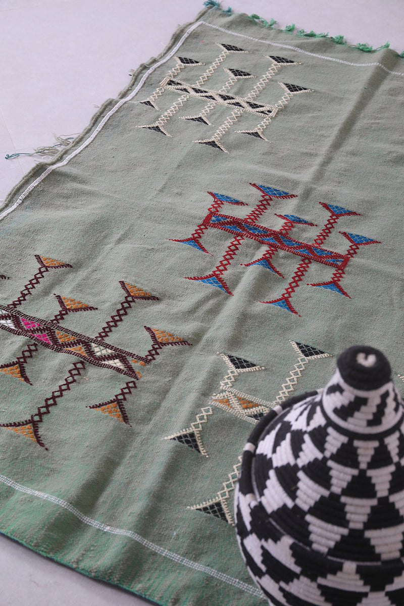 Small Green Kilim Rug 3.3 ft x 5 ft - Handwoven Moroccan Design - Handwoven Kilim