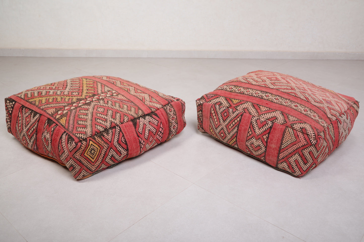 Two Moroccan red Handmade Bohemian Poufs