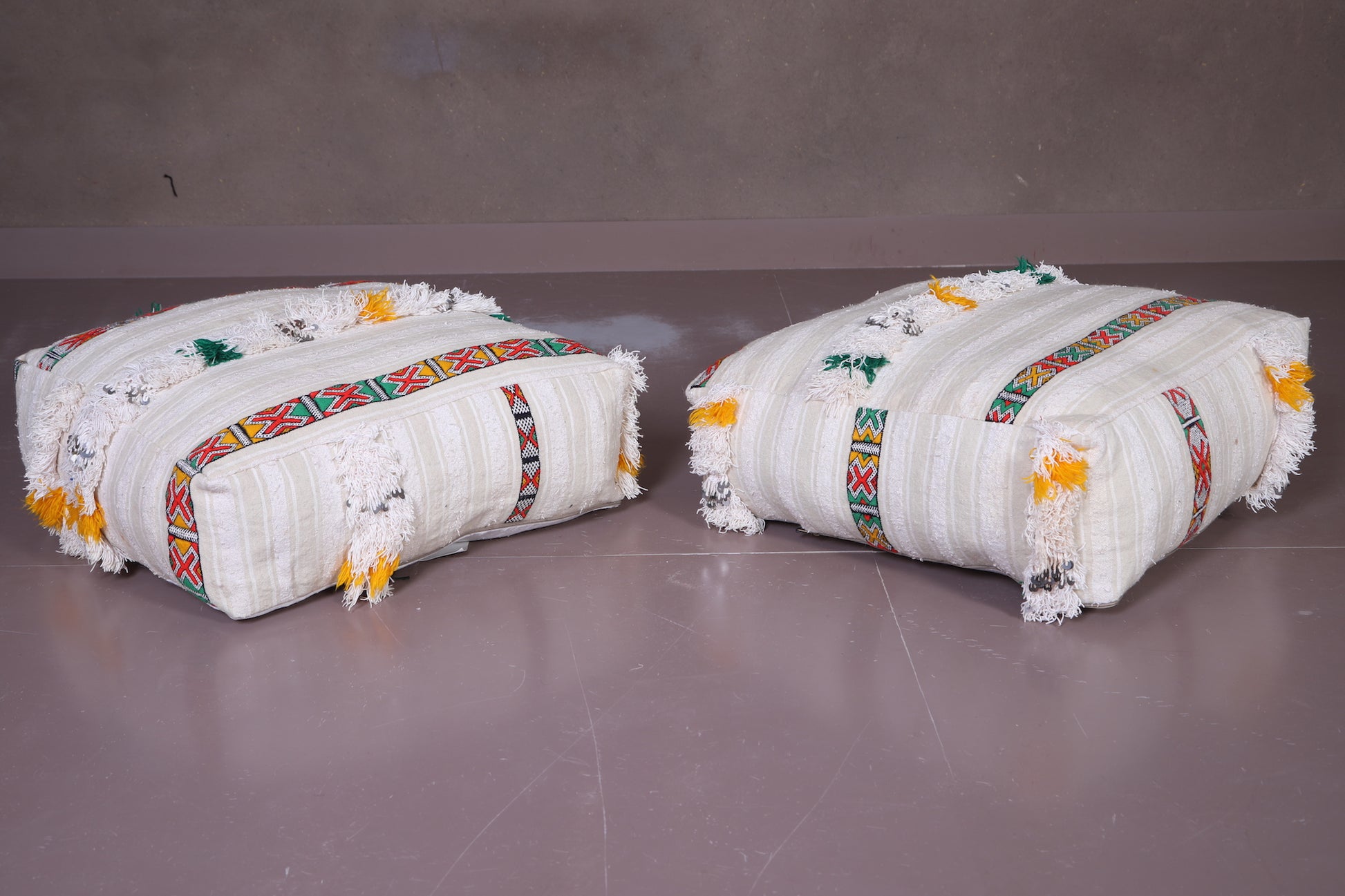 Two Moroccan handwoven kilim berber poufs
