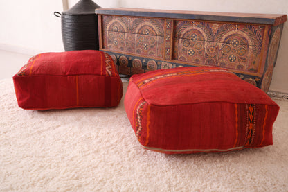 Two Vintage Moroccan Kilim Poufs in red color