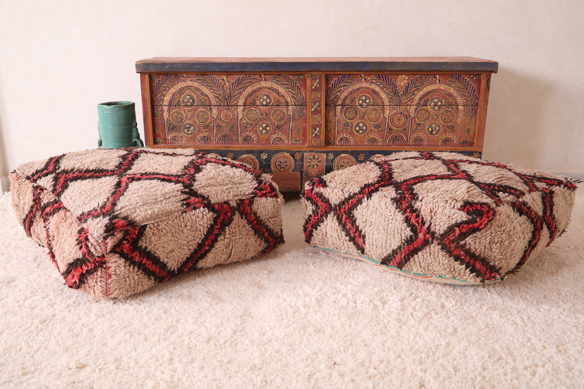 Two Shaggy moroccan poufs ottoman for sale