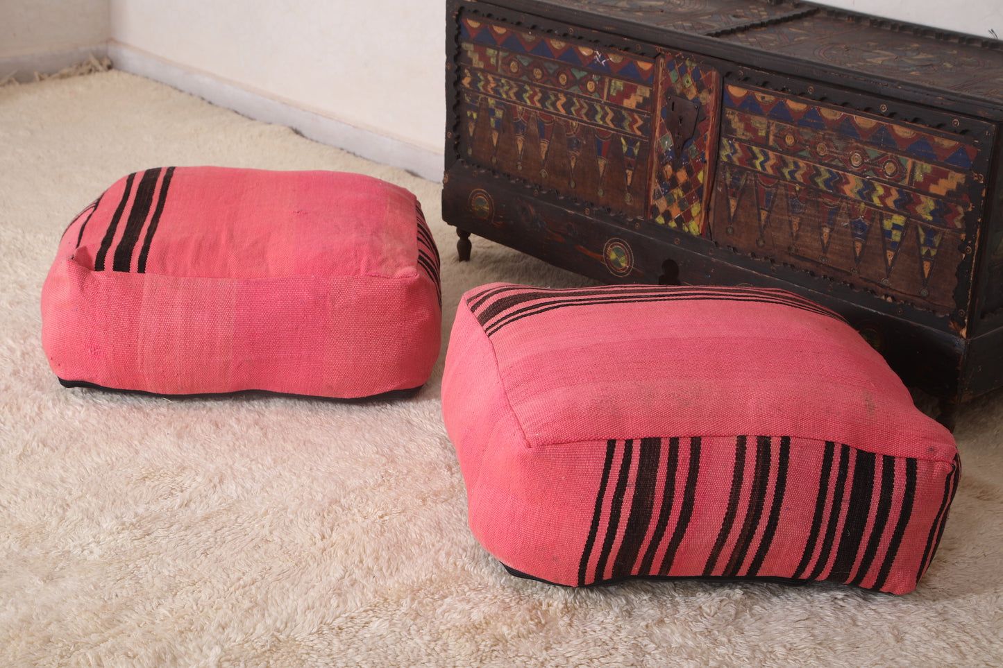 Two Moroccan handmade Ottoman Poufs in Pink Kilim