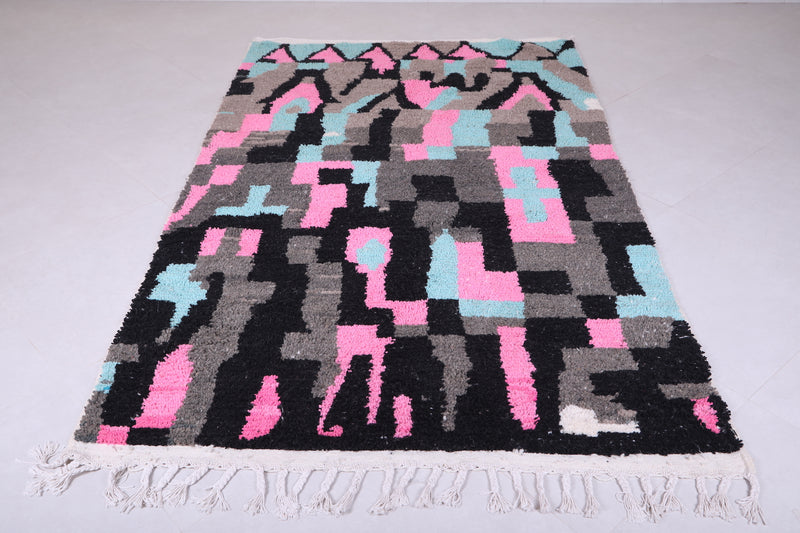 Moroccan Rug 4.9 x 7.8 Feet - Abstract Pink, Blue, and Black Design - moroccan rug
