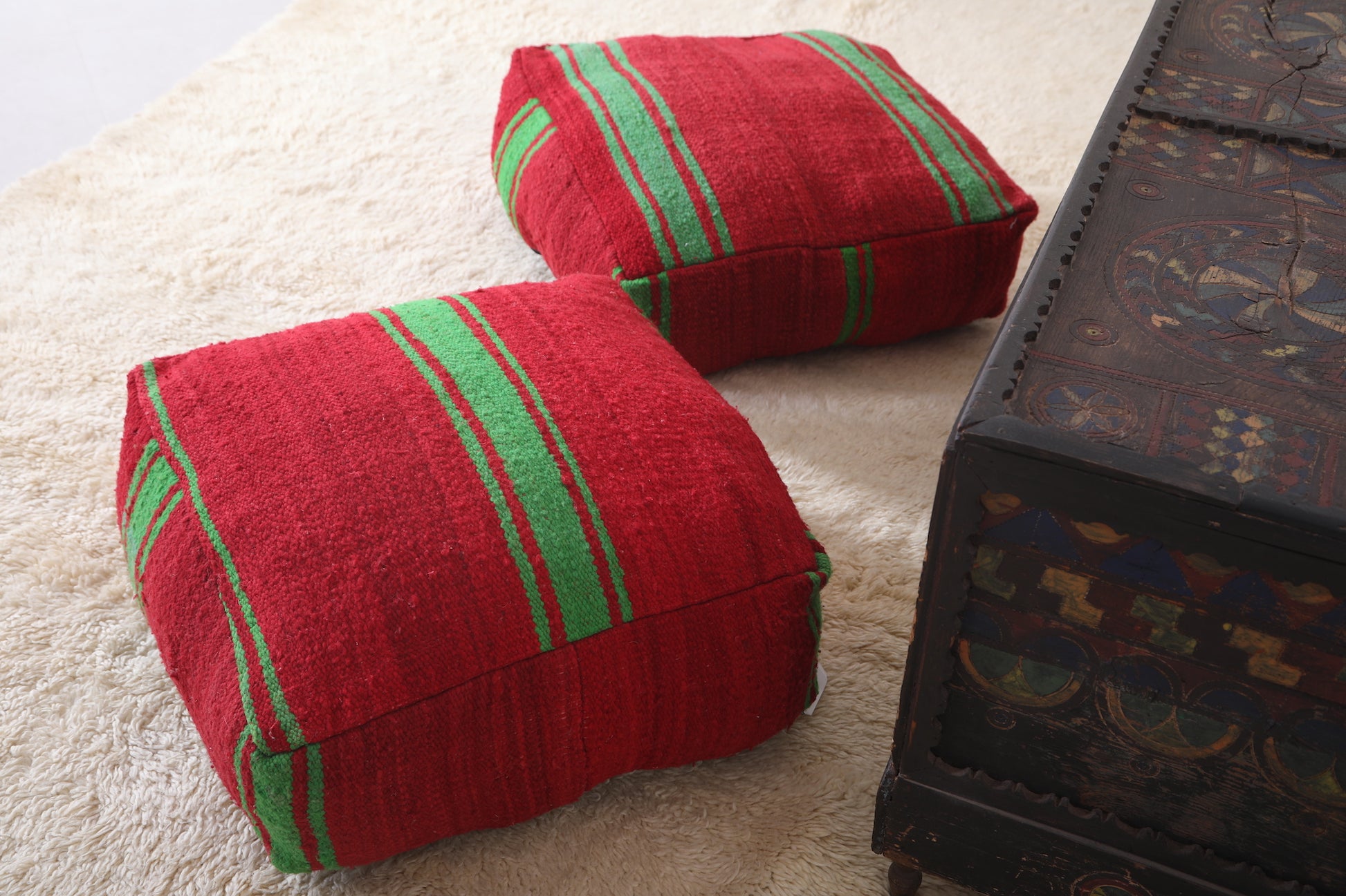Two red Moroccan Kilim Poufs Footstool