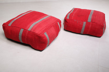 Two Moroccan Kilim Poufs in Red Color
