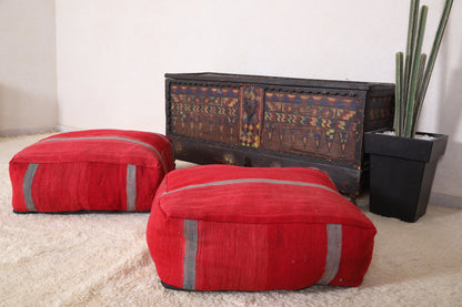 Two Moroccan Kilim Poufs in Red Color