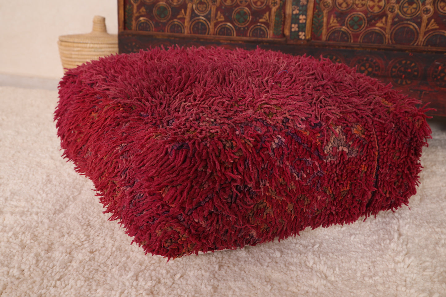 Shaggy pillow handmade Ottoman in dark red