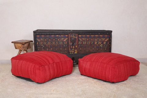 Two Wonderful Handwoven Red Kilim Pouf Ottoman