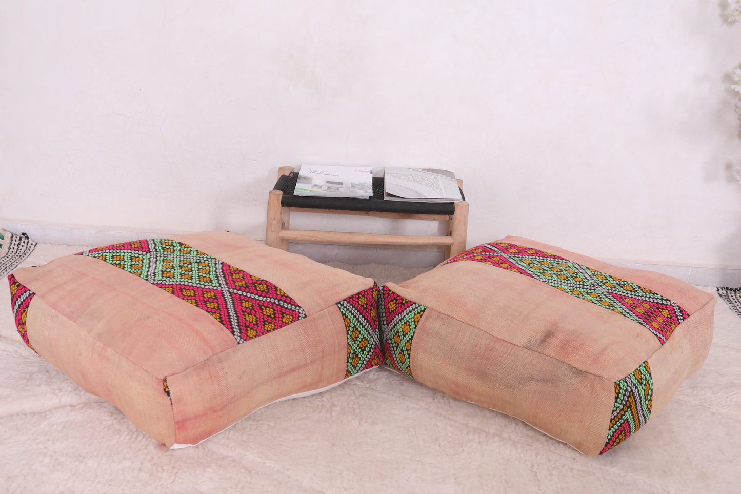 Two Handmade berber Moroccan Kilim Poufs