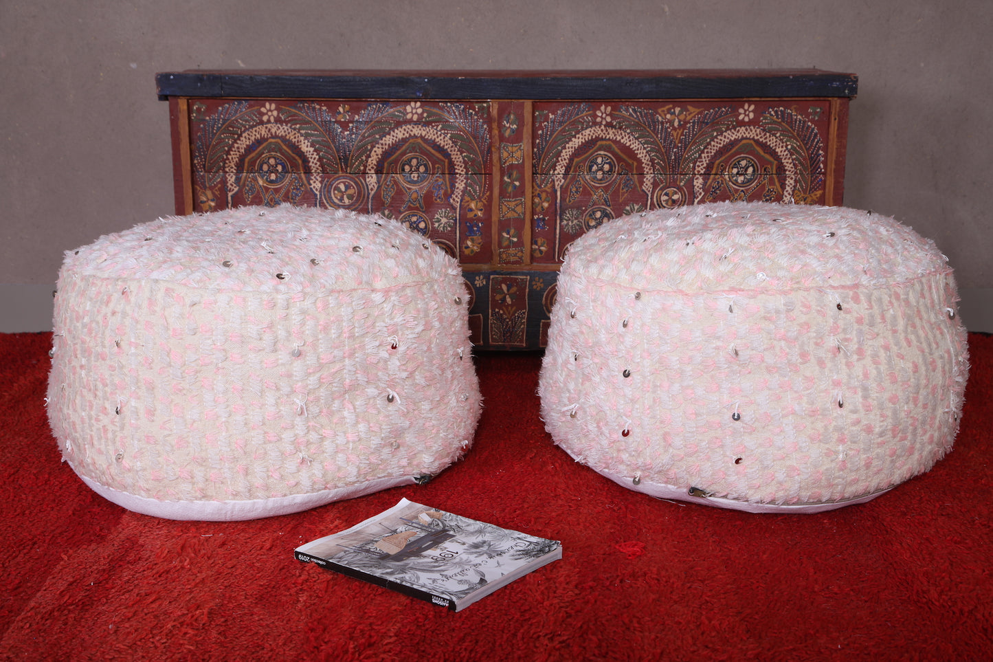 Two berber moroccan Round kilim old poufs