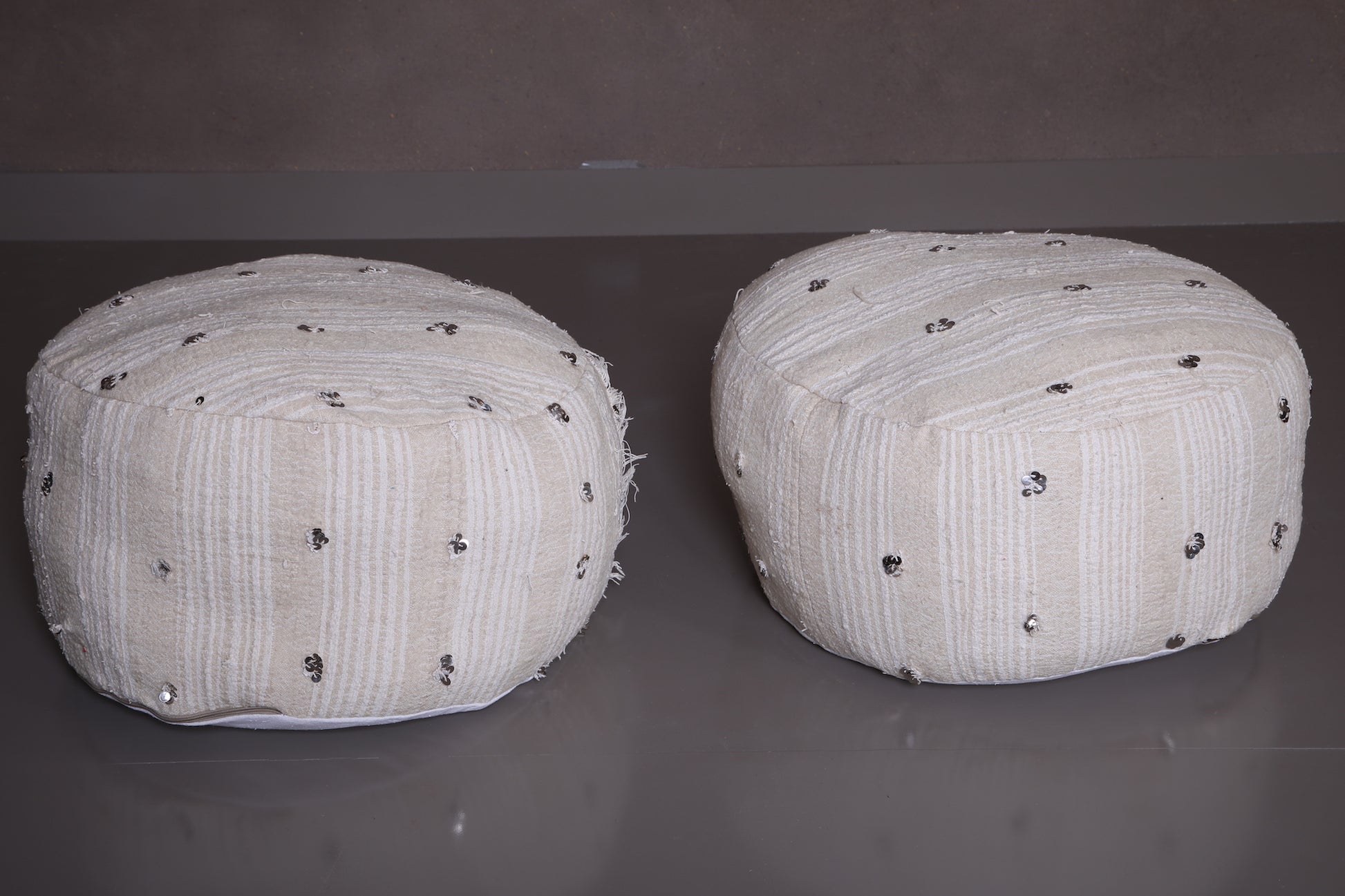 Two moroccan round handwoven berber kilim poufs