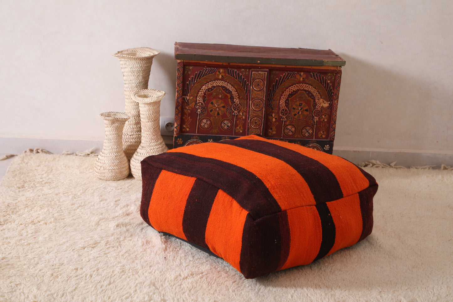 Orange Kilim berber handmade Ottoman pouf