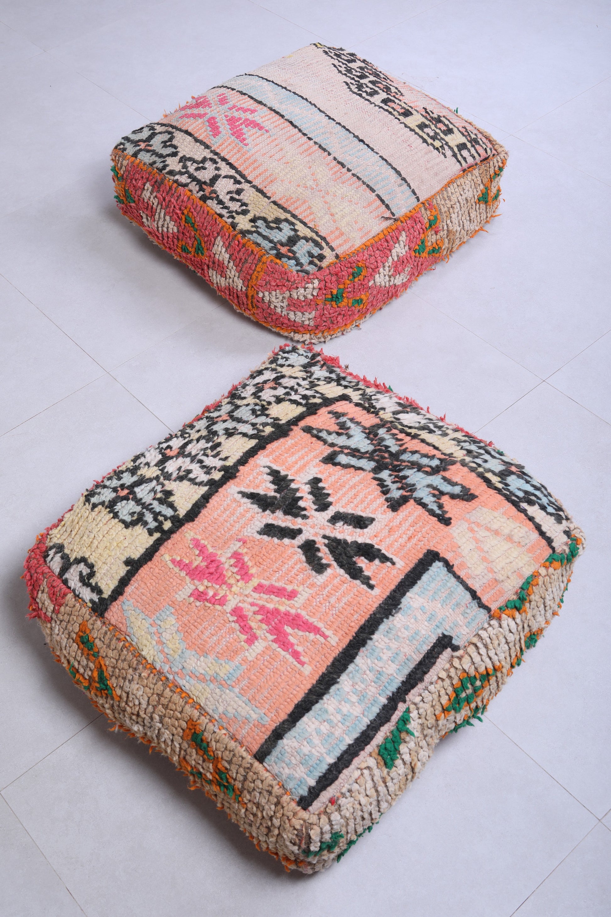Two moroccan azilal handmade berber pouf