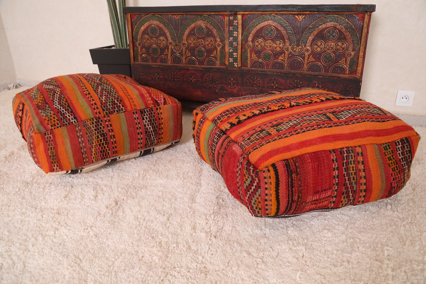 Two Orange Bohemian Moroccan Poufs ottoman