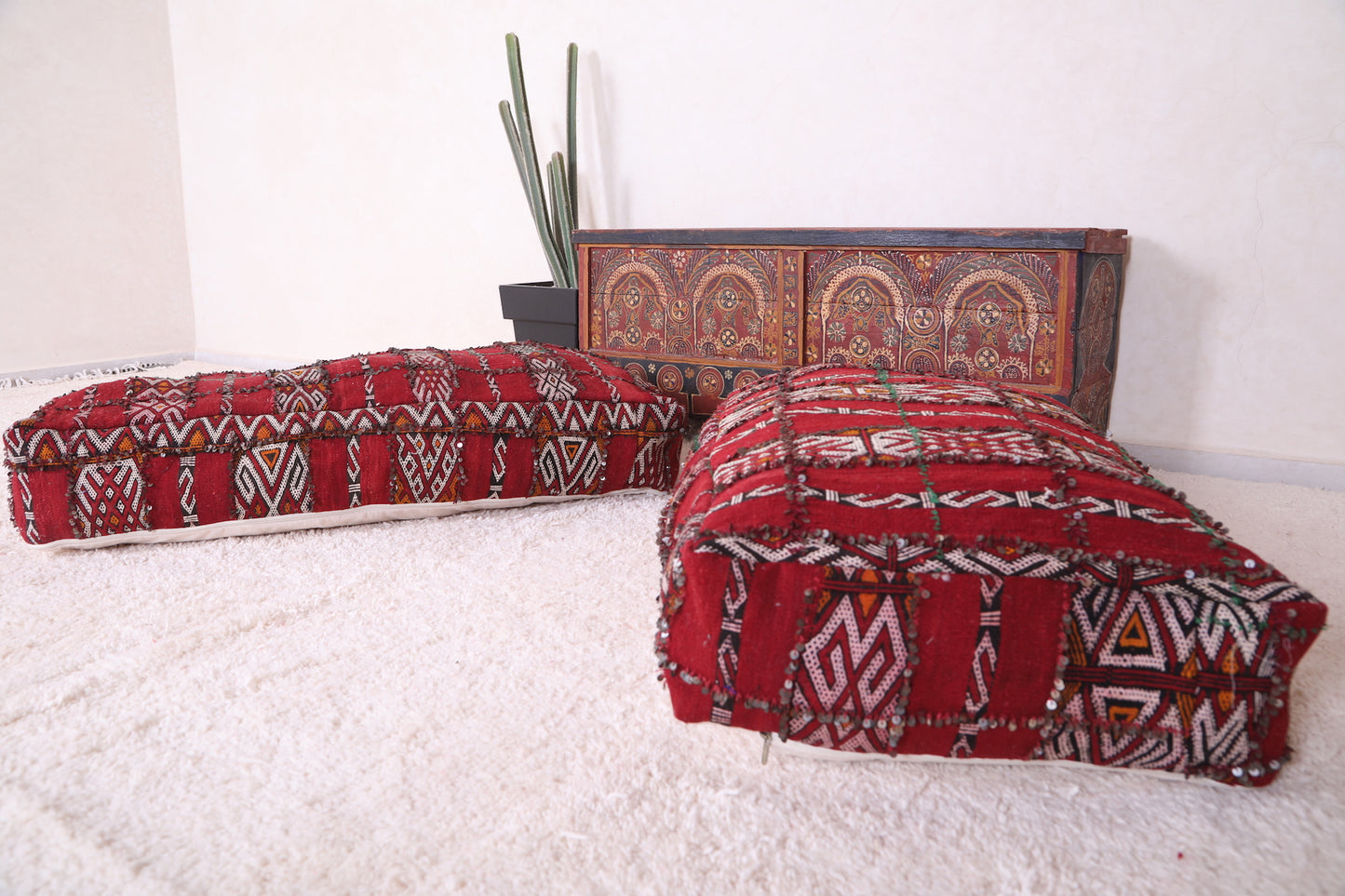 Two Long Moroccan Poufs Ottoman 24” x 24” x 13