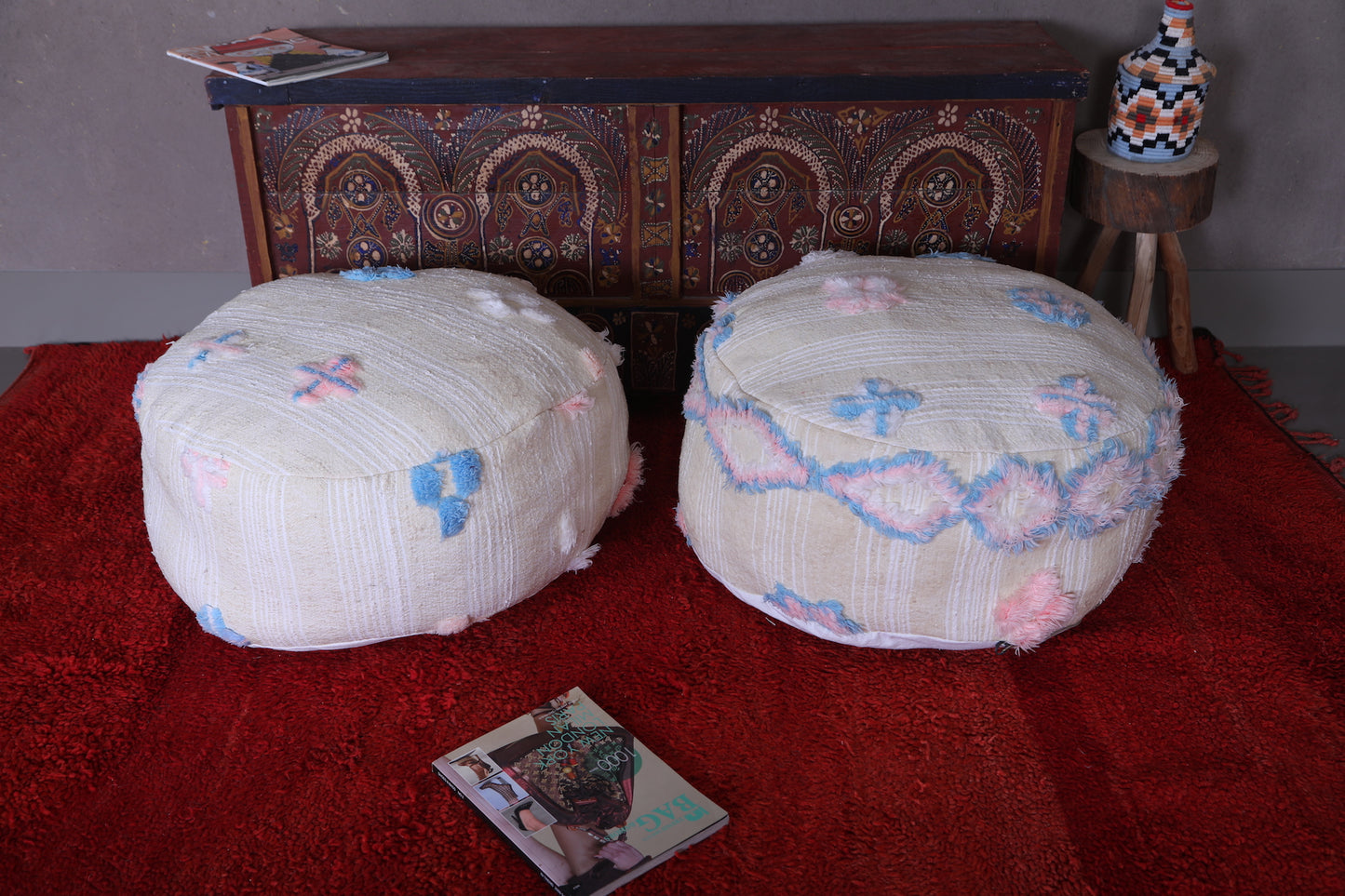 two Round Moroccan handmade kilim pouf