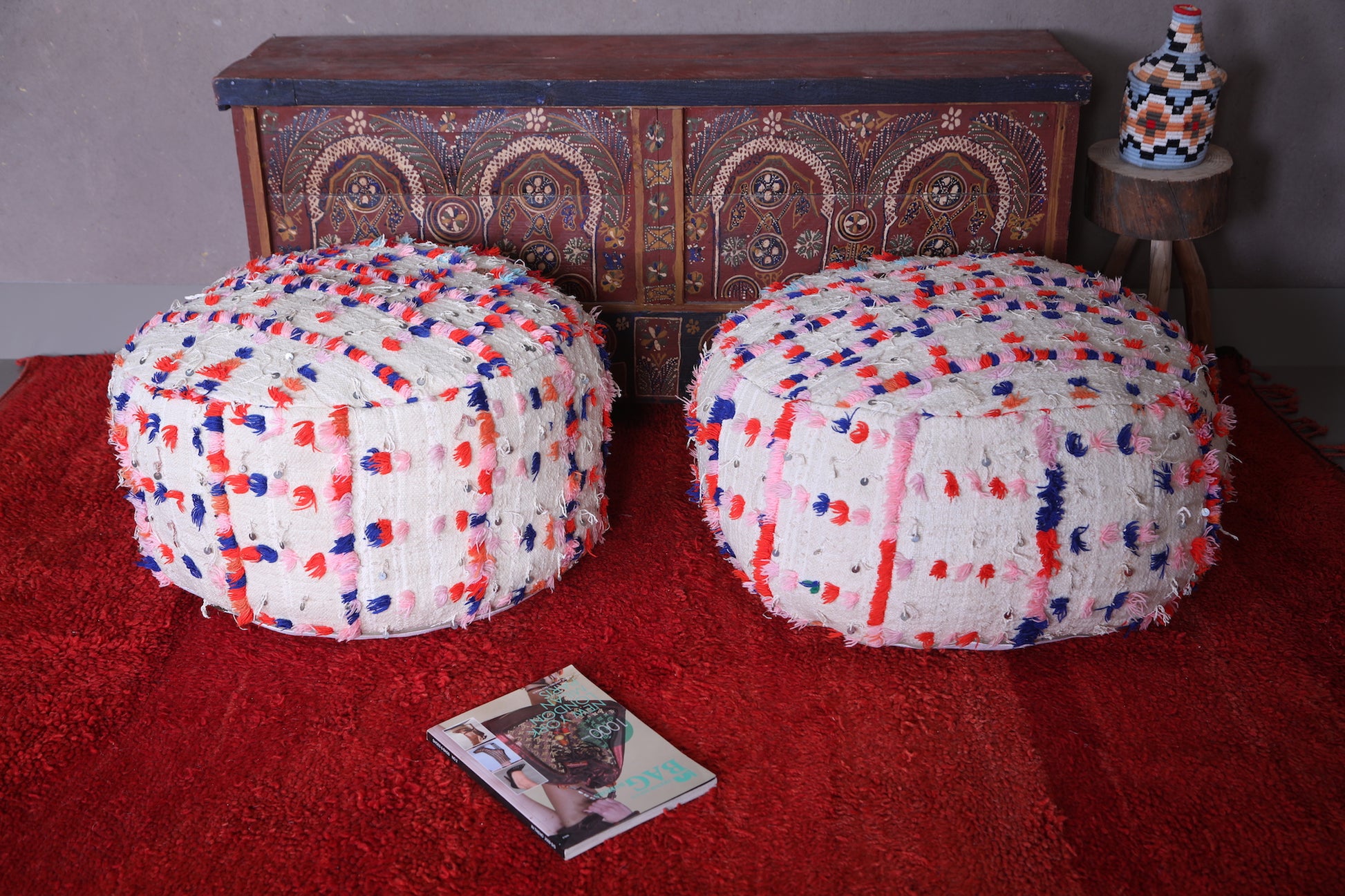Two moroccan berber kilim round pouf