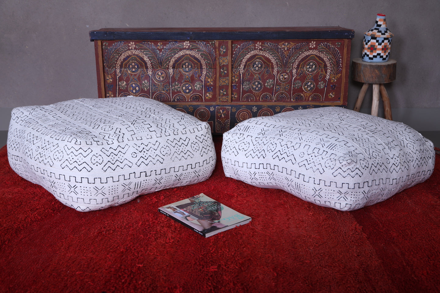 Two handwoven berber moroccan kilim poufs