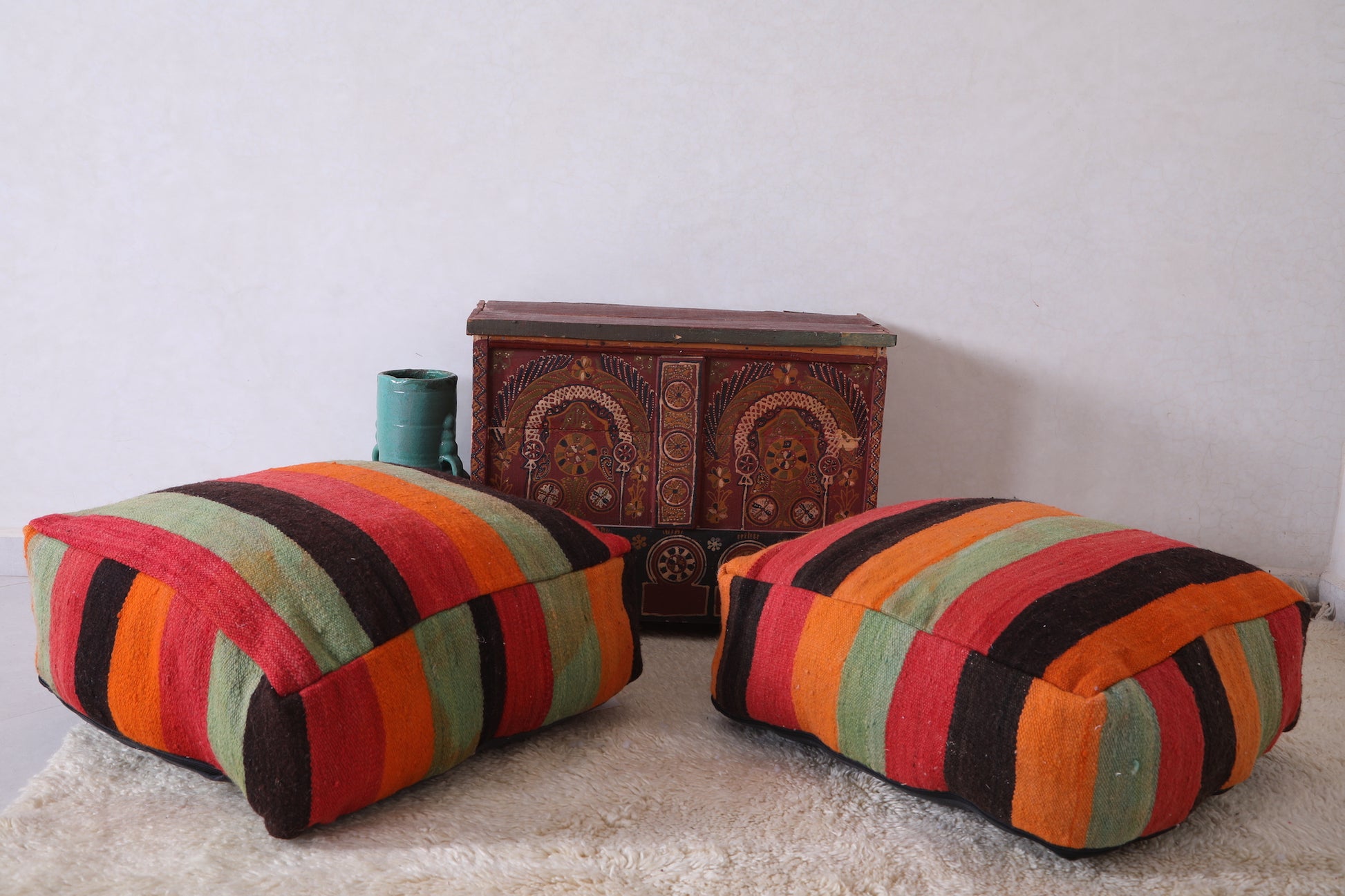 Two Colorful Moroccan Floor Poufs Ottoman