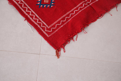 Red handwoven Moroccan kilim 3.2 FT X 4.9 FT