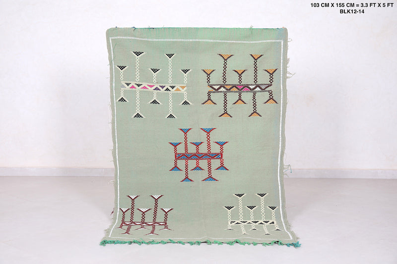 Small Green Kilim Rug 3.3 ft x 5 ft - Handwoven Moroccan Design - Handwoven Kilim