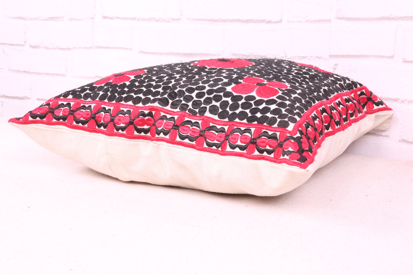 Moroccan Kilim Cushion in Black and Red 17.3 inches X 17.3 inches