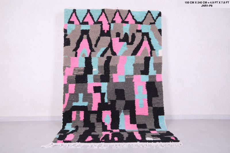 Moroccan Rug 4.9 x 7.8 Feet - Abstract Pink, Blue, and Black Design - moroccan rug