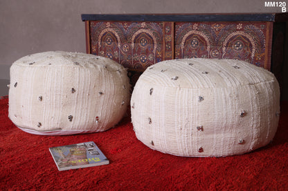 Two moroccan round handwoven berber kilim poufs