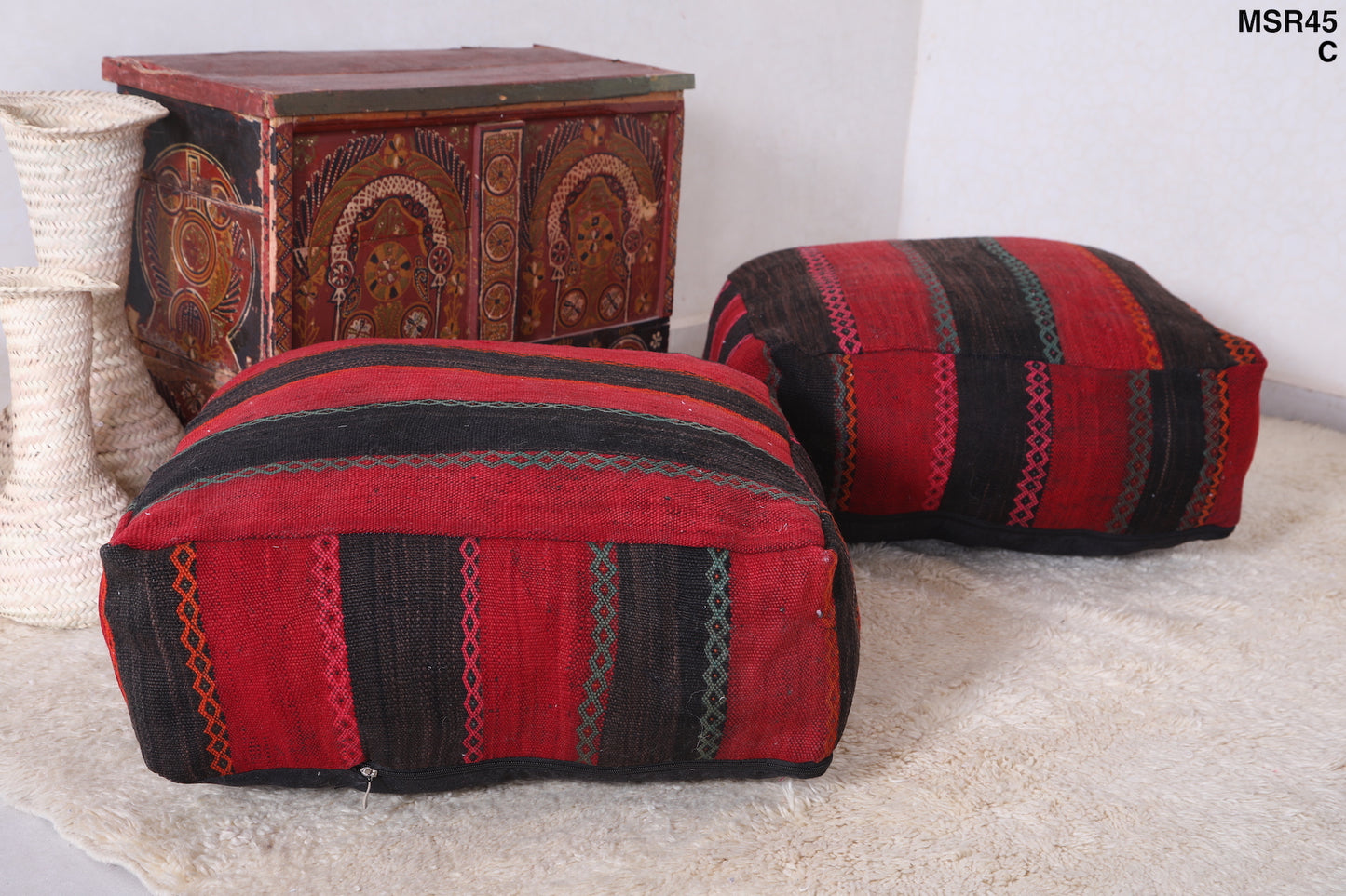 Two Dark Moroccan Ottoman Poufs for living room