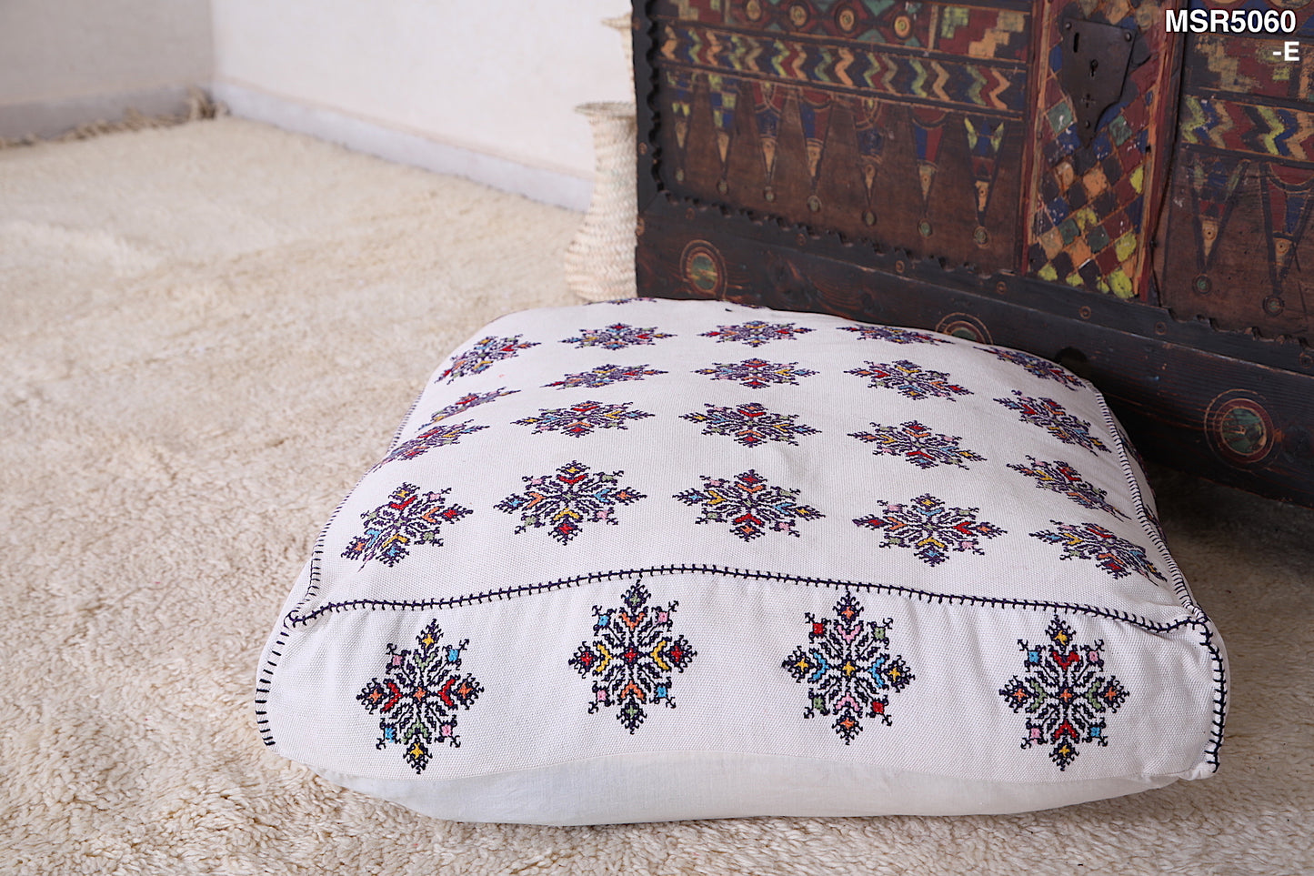 Hand Knotted Kilim old Pouf berber Ottoman