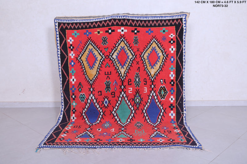 Colorful Handmade Berber Red Rug - 4.6 X 5.9 Feet - Azilal rugs
