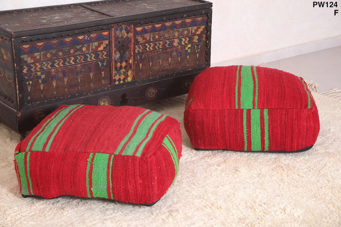 Two red Moroccan Kilim Poufs Footstool