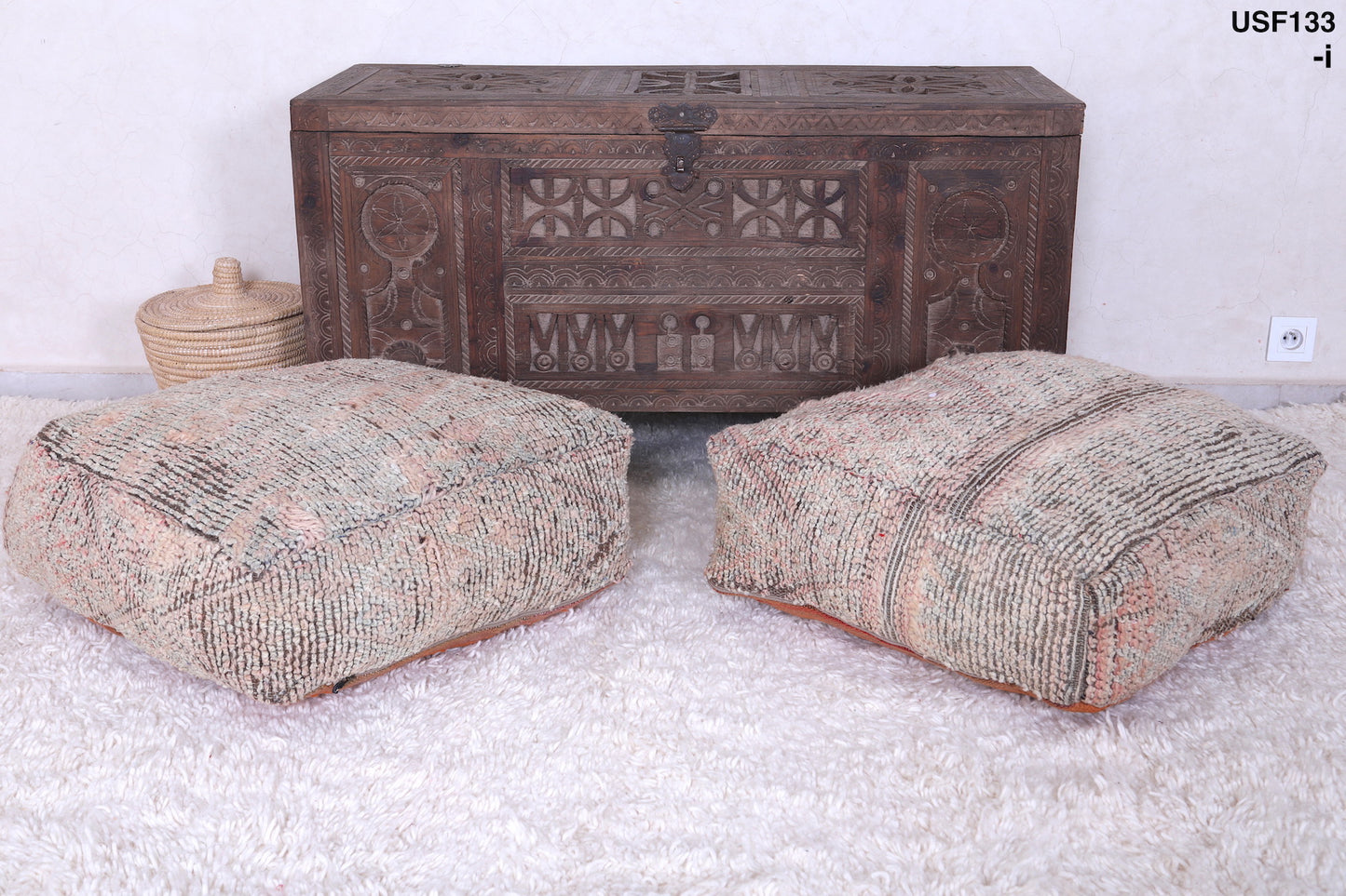 Two moroccan berber azilal old rug pouf