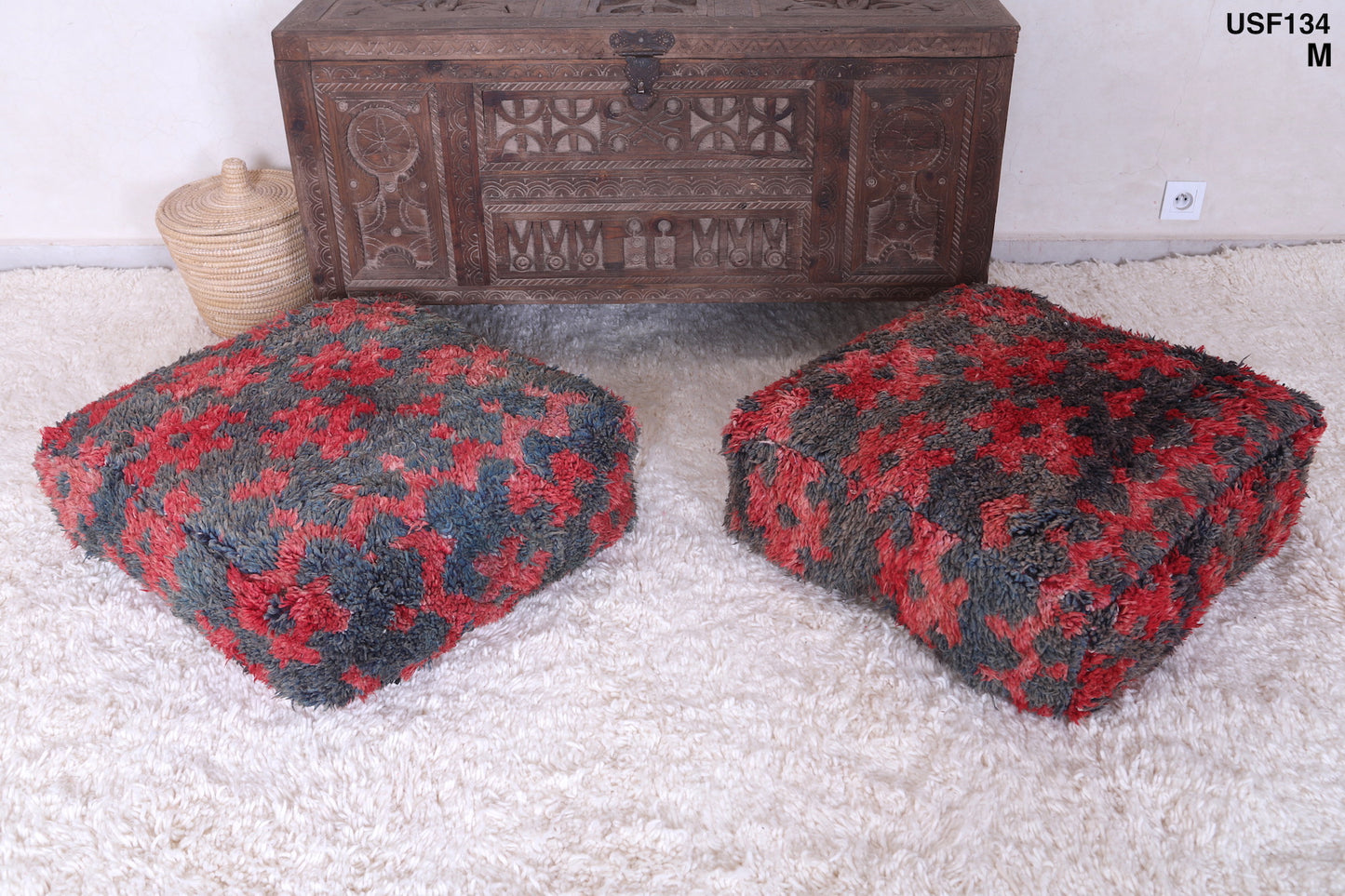 Two moroccan berber handmade old rug pouf