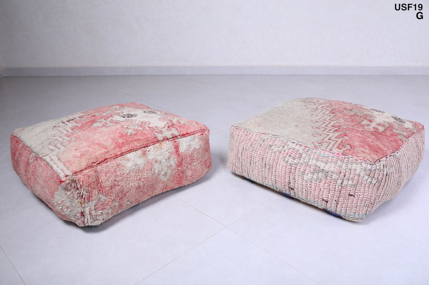 Two handmade moroccan berber old rug pouf