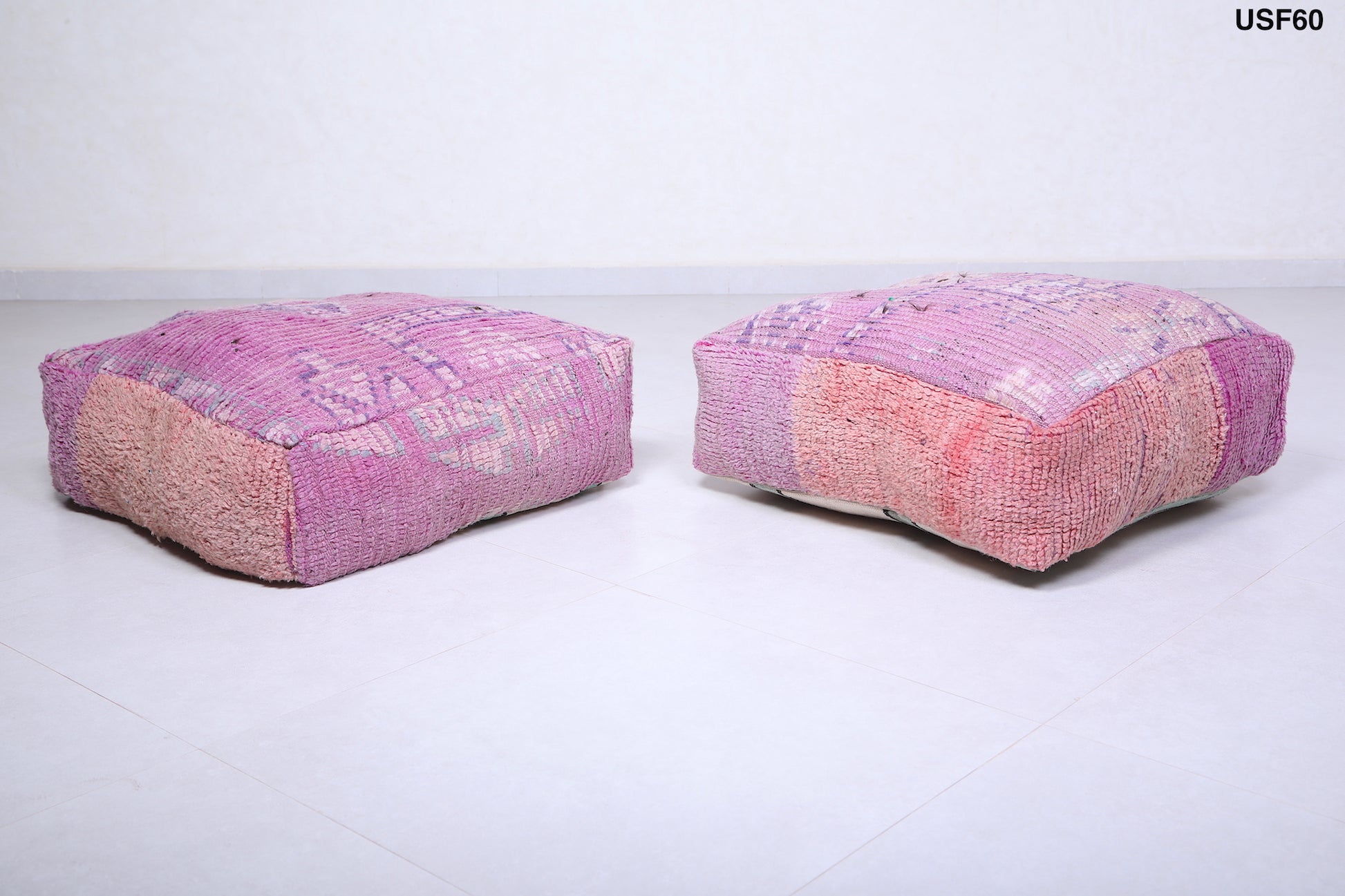 Two moroccan handmade berber old rug poufs