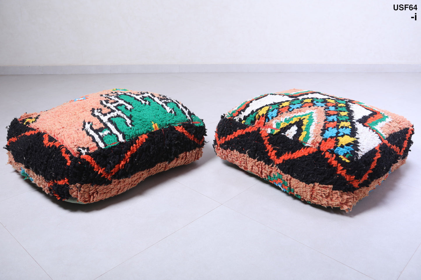 Two moroccan colorful rug handmade pouf