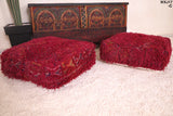 Two Ottoman Moroccan Shaggy Poufs in Dark Red