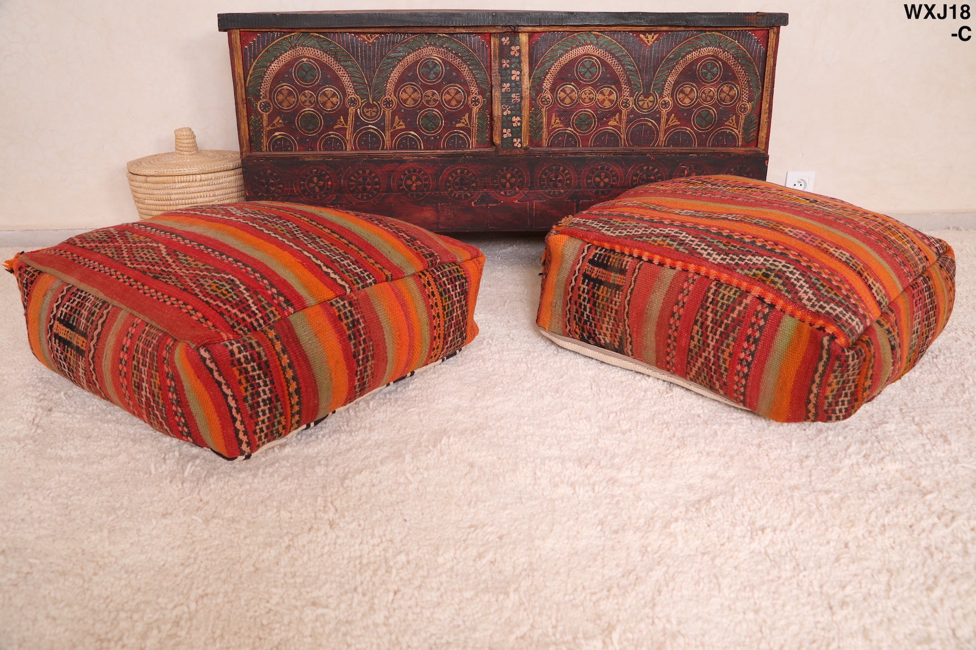 Two ottoman Moroccan woven rug poufs