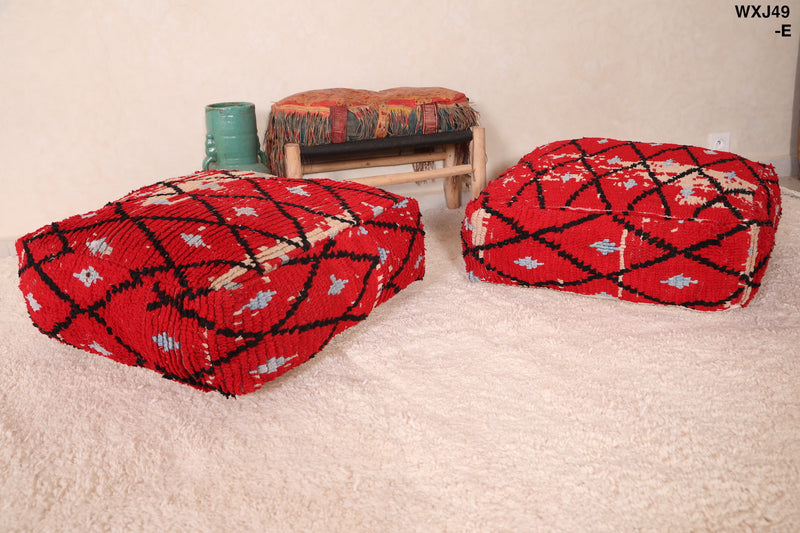Two Ottoman Moroccan Trellis poufs in Red - Moroccan kilim pouf